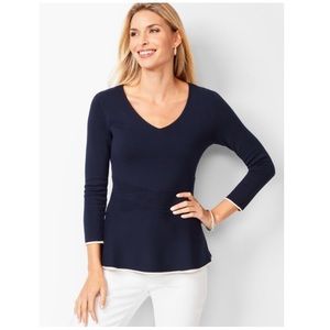 NWT! Talbots Navy & Cream Tipped Peplum Sweater